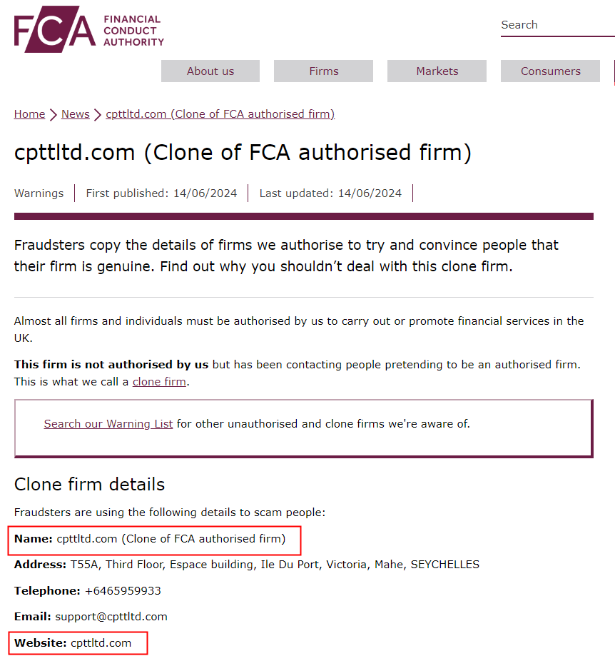 英国FCA 对一家冒充 CPT Markets 的克隆公司发出警告