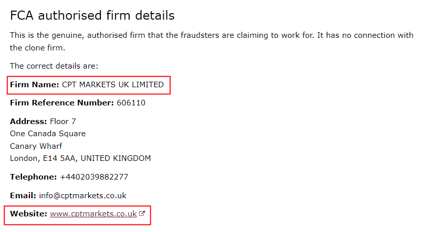 英国FCA 对一家冒充 CPT Markets 的克隆公司发出警告